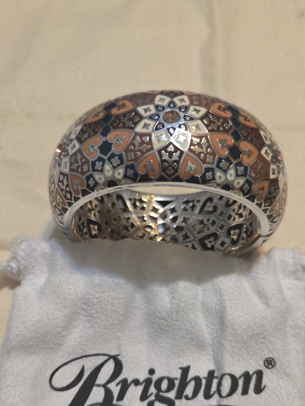 Brighton Silver-Tone Bangle with Navy, Tan & White Enamel